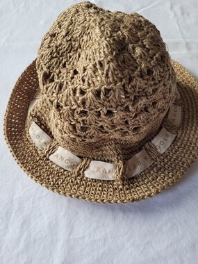 Kangol Crochet Straw Bucket Hat with Branded Ribbon - Natural Tan Size S/M